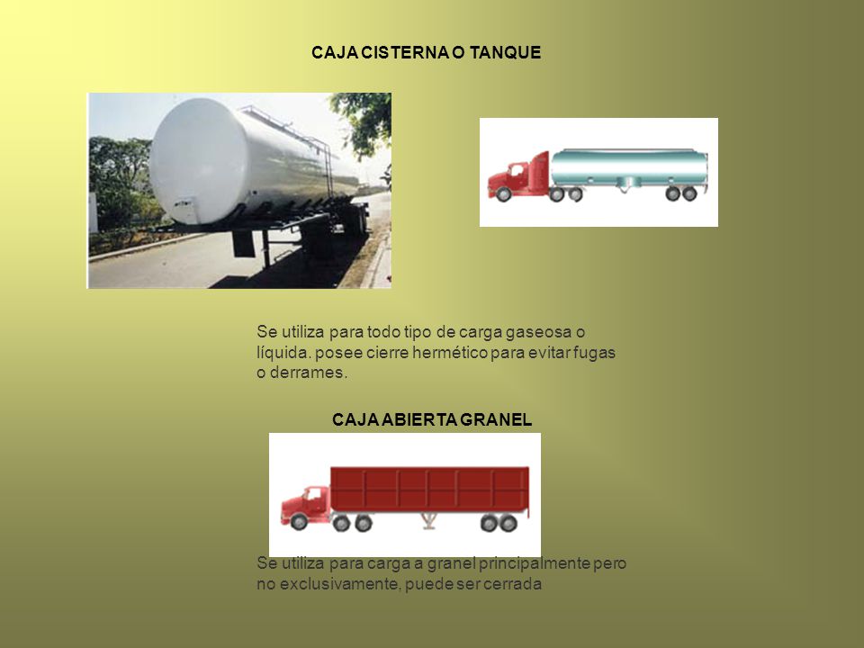 CAJA CISTERNA O TANQUE Se utiliza para todo tipo de carga gaseosa o líquida. posee cierre hermético para evitar fugas o derrames.