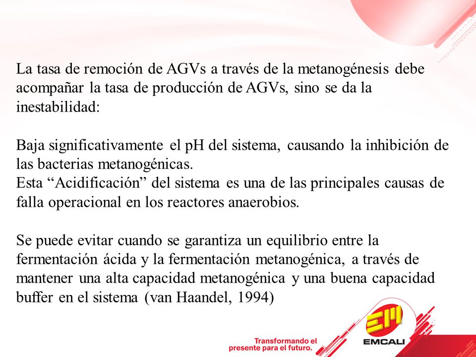 La tasa de remoción de AGVs a través de la metanogénesis debe acompañar la tasa de producción de AGVs, sino se da la inestabilidad: