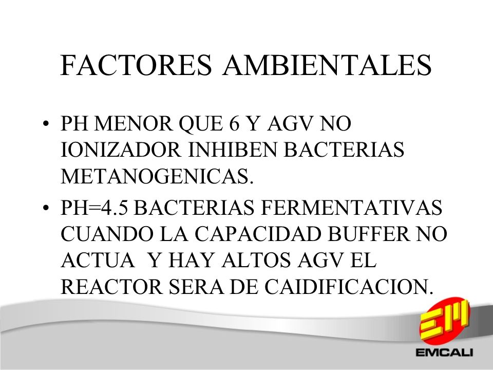 FACTORES AMBIENTALES PH MENOR QUE 6 Y AGV NO IONIZADOR INHIBEN BACTERIAS METANOGENICAS.