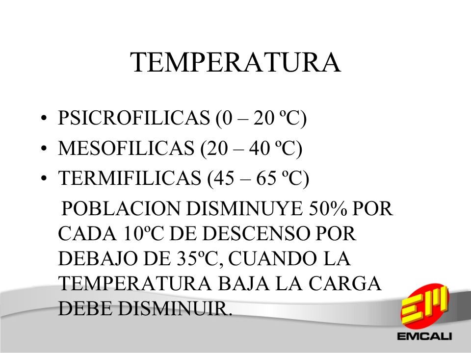TEMPERATURA PSICROFILICAS (0 – 20 ºC) MESOFILICAS (20 – 40 ºC)
