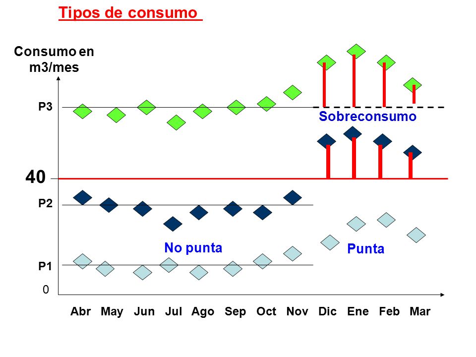 40 Tipos de consumo Consumo en m3/mes Sobreconsumo No punta Punta P3