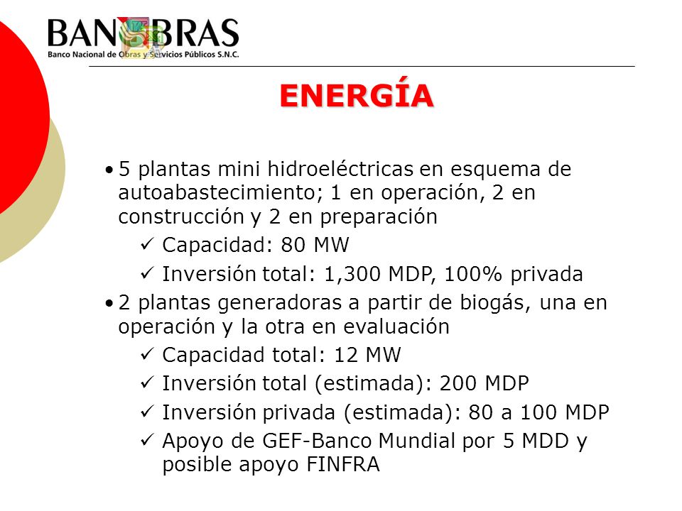 ENERGÍA 5 plantas mini hidroeléctricas en esquema de autoabastecimiento; 1 en operación, 2 en construcción y 2 en preparación.