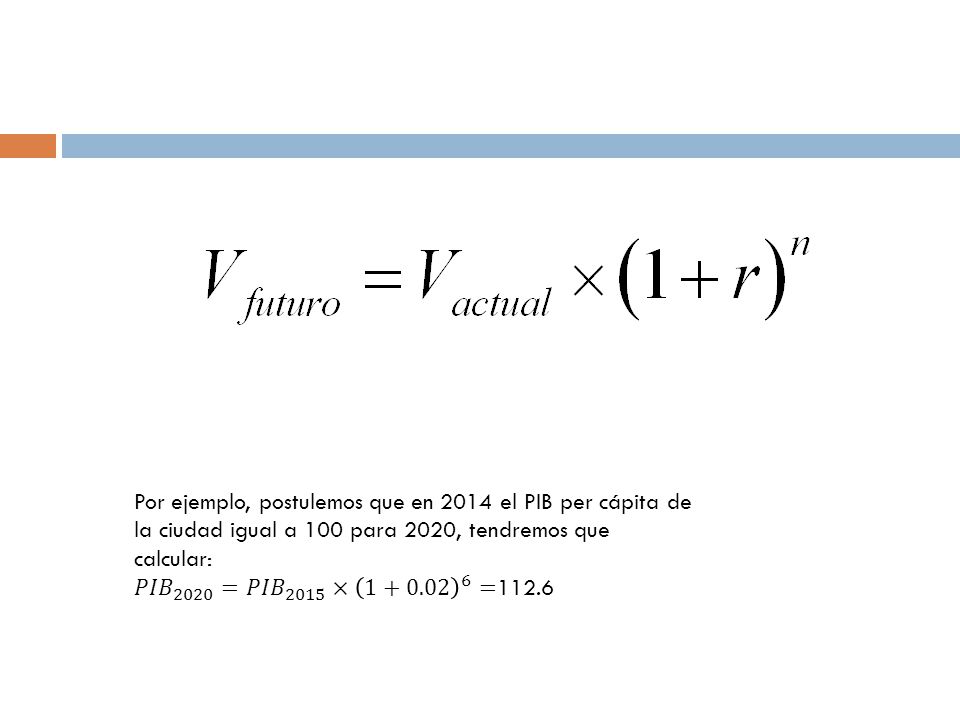 Por ejemplo, postulemos que en 2014 el PIB per cápita de la ciudad igual a 100 para 2020, tendremos que calcular: