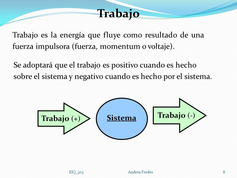 Trabajo Trabajo es la energía que fluye como resultado de una fuerza impulsora (fuerza, momentum o voltaje).