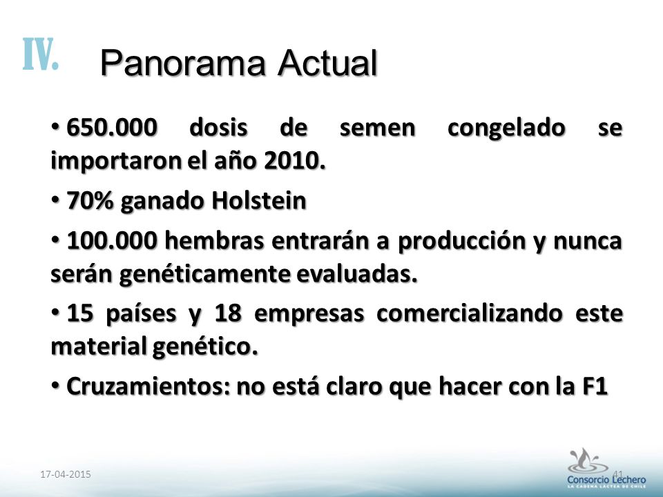 IV. Panorama Actual dosis de semen congelado se importaron el año % ganado Holstein.