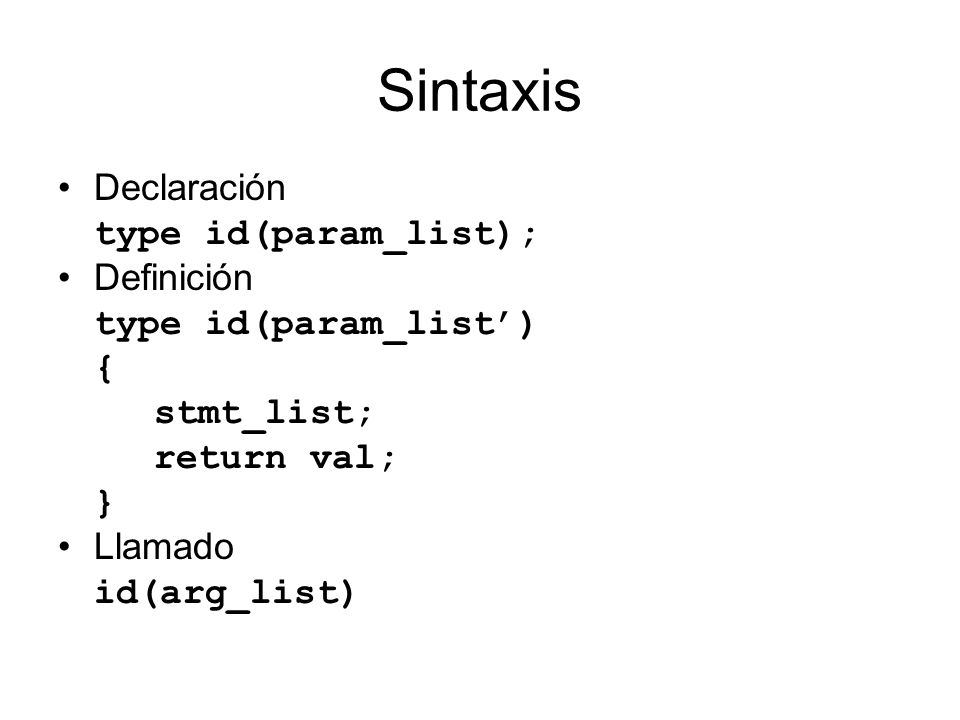 Sintaxis Declaración type id(param_list); Definición