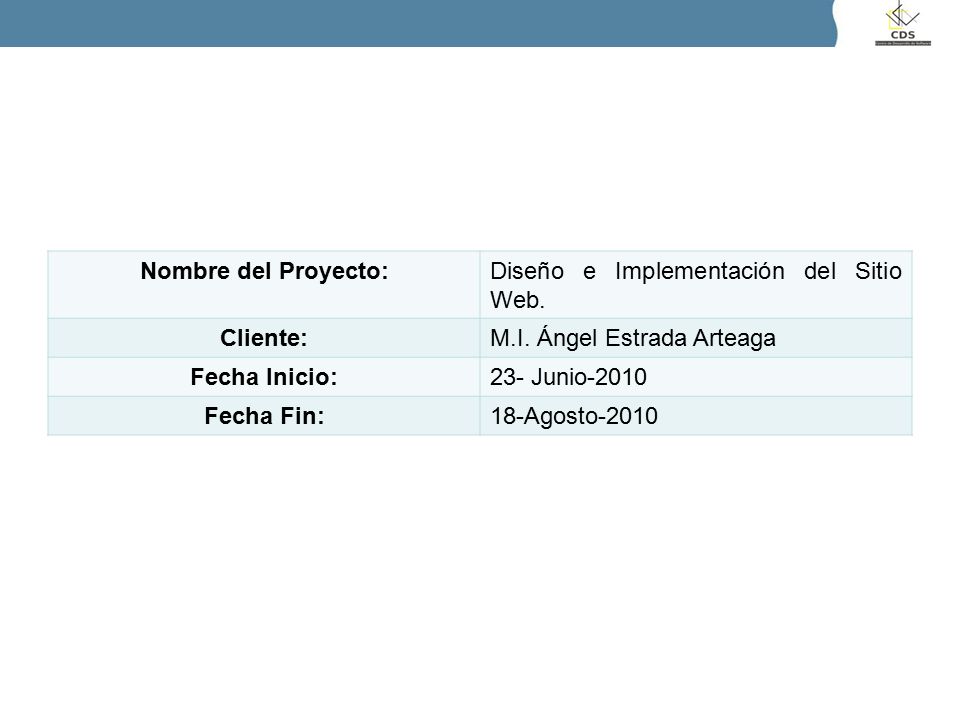 Nombre del Proyecto: Diseño e Implementación del Sitio Web. Cliente: M.I. Ángel Estrada Arteaga. Fecha Inicio: