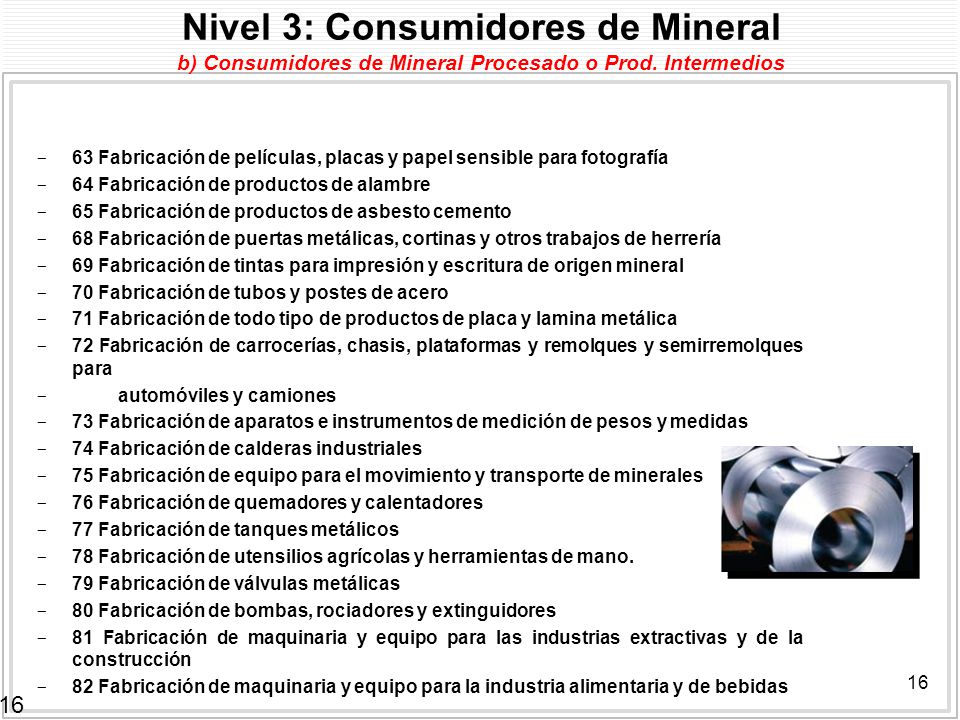 Nivel 3: Consumidores de Mineral b) Consumidores de Mineral Procesado o Prod. Intermedios