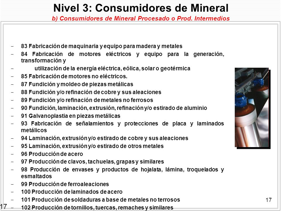 Nivel 3: Consumidores de Mineral b) Consumidores de Mineral Procesado o Prod. Intermedios