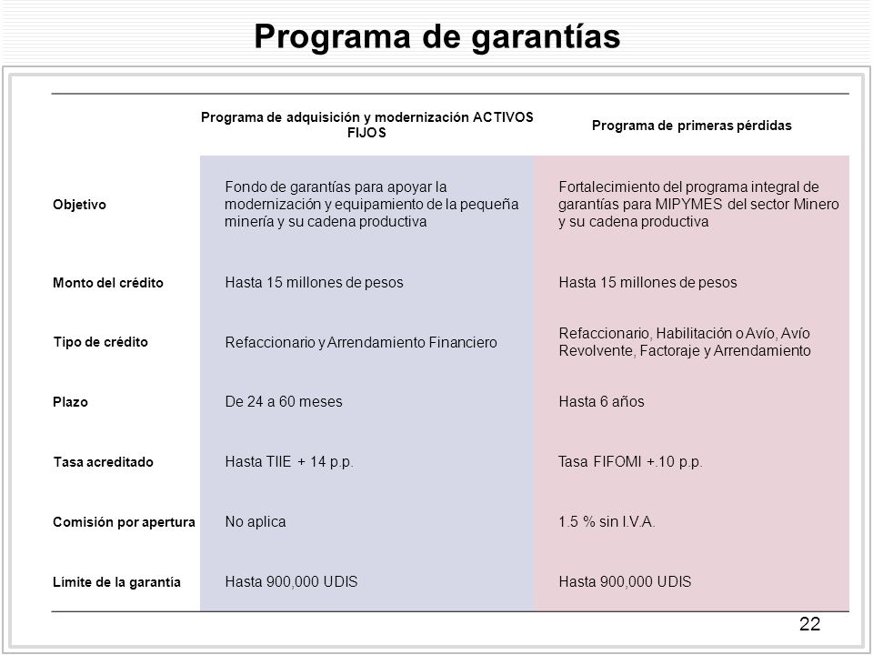 Programa de garantías Programa de adquisición y modernización ACTIVOS FIJOS. Programa de primeras pérdidas.