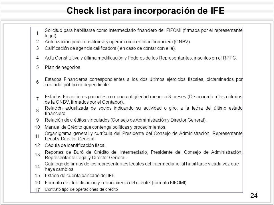Check list para incorporación de IFE