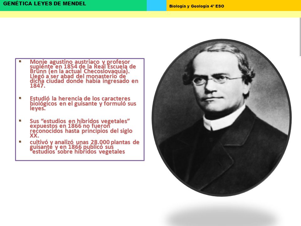 Monje agustino austriaco y profesor suplente en 1854 de la Real Escuela de Brünn (en la actual Checoslovaquia). Llegó a ser abad del monasterio de dicha ciudad donde había ingresado en 1847.