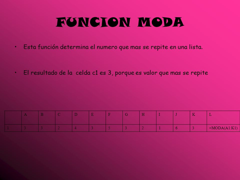FUNCION MODA Esta función determina el numero que mas se repite en una lista. El resultado de la celda c1 es 3, porque es valor que mas se repite.