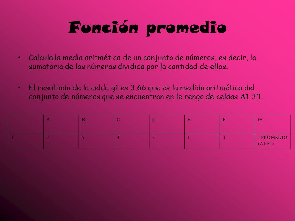 Función promedio Calcula la media aritmética de un conjunto de números, es decir, la sumatoria de los números dividida por la cantidad de ellos.