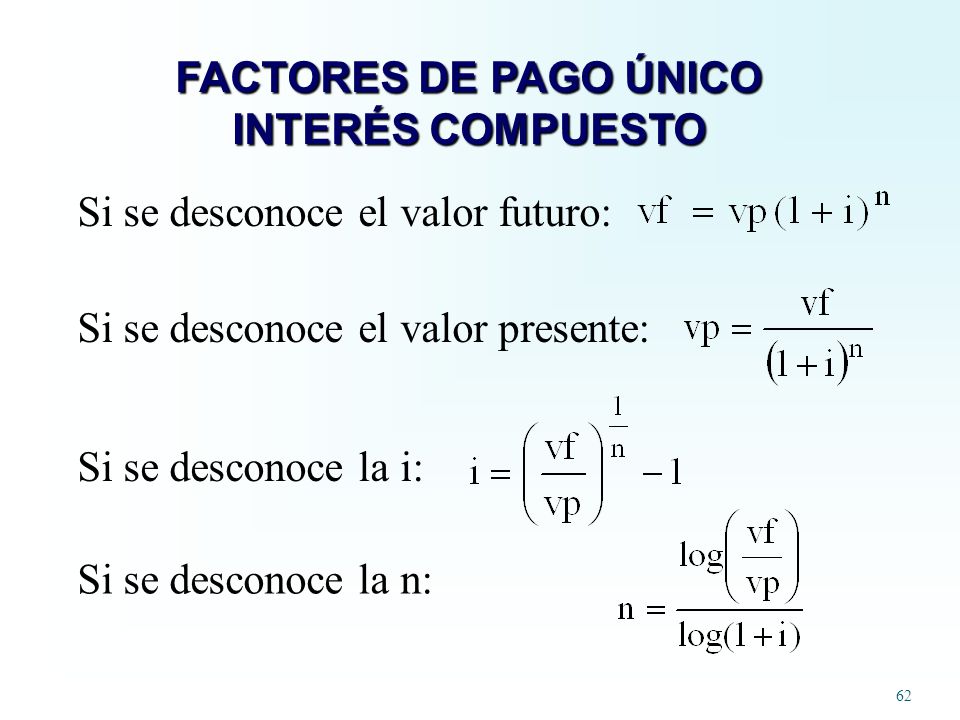FACTORES DE PAGO ÚNICO INTERÉS COMPUESTO. Si se desconoce el valor futuro: Si se desconoce el valor presente: