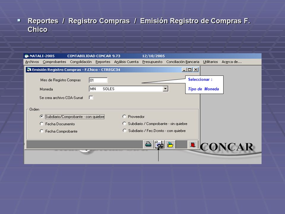 Reportes / Registro Compras / Emisión Registro de Compras F. Chico