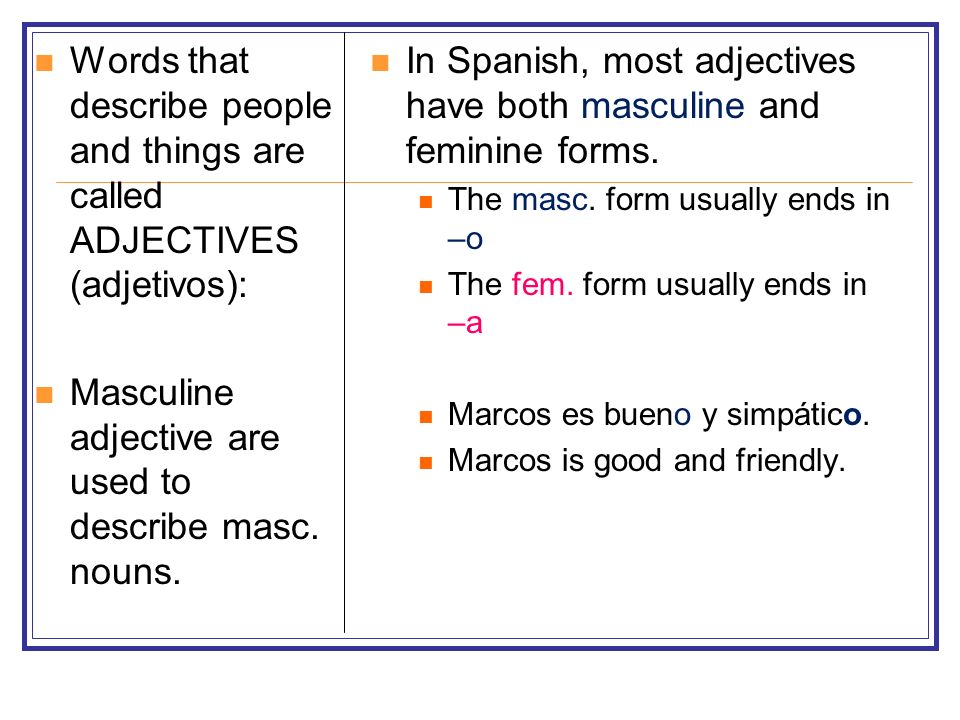 Masculine adjective are used to describe masc. nouns.