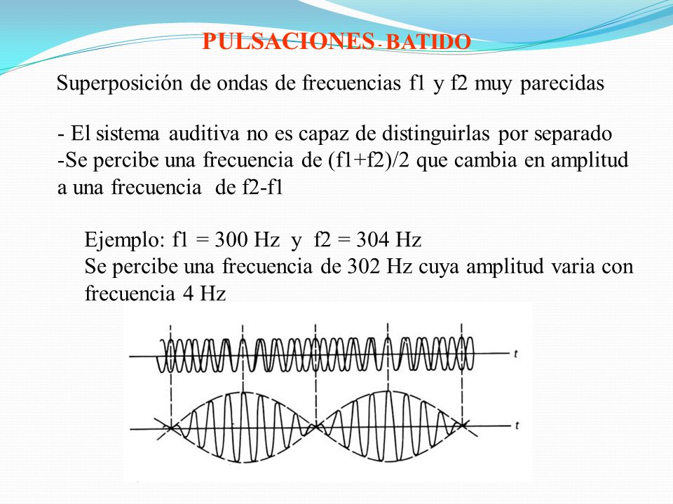 PULSACIONES - BATIDO Superposición de ondas de frecuencias f1 y f2 muy parecidas. - El sistema auditiva no es capaz de distinguirlas por separado.