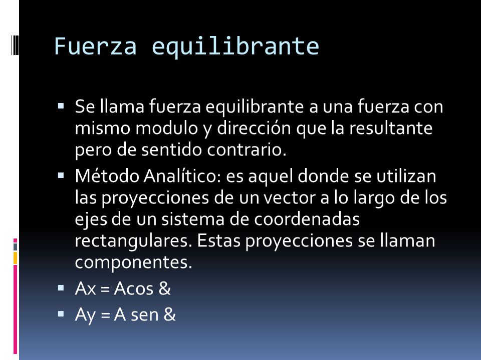 Fuerza equilibrante Se llama fuerza equilibrante a una fuerza con mismo modulo y dirección que la resultante pero de sentido contrario.