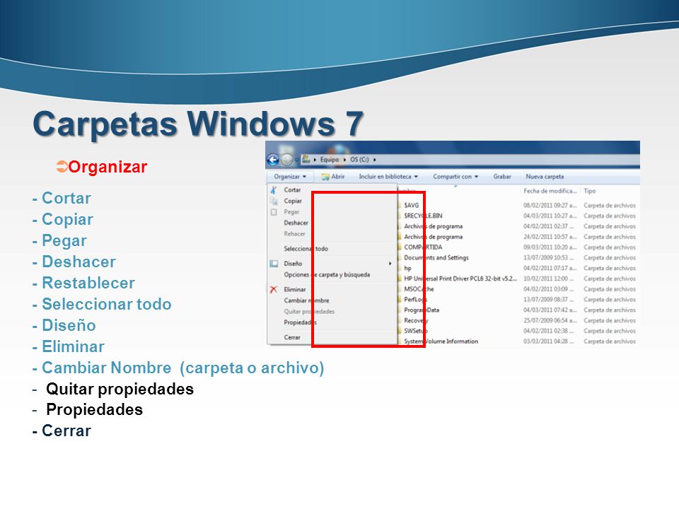 Carpetas Windows 7 Organizar - Cortar - Copiar - Pegar - Deshacer
