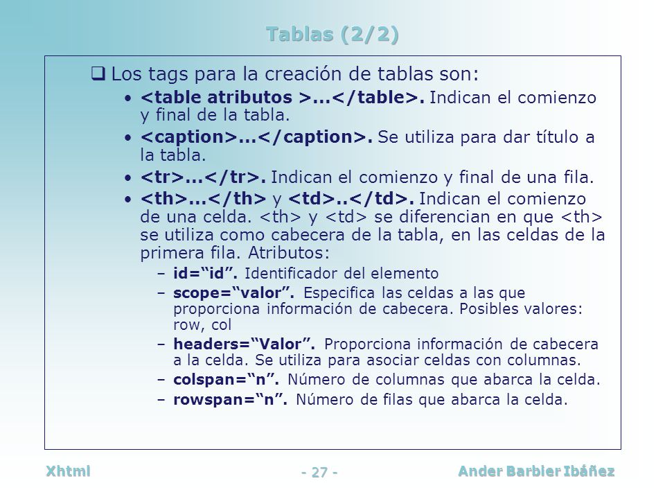 Los tags para la creación de tablas son: