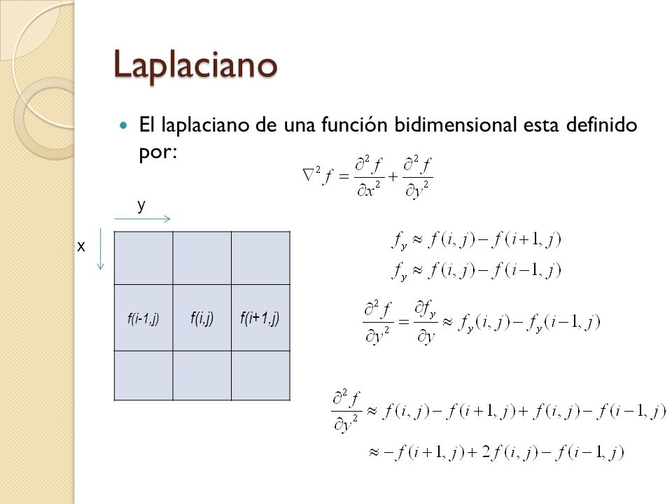 Laplaciano El laplaciano de una función bidimensional esta definido por: y. x. f(i-1,j) f(i,j)