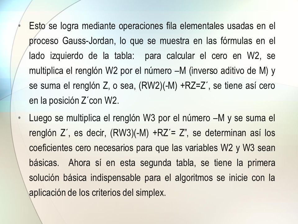 Esto se logra mediante operaciones fila elementales usadas en el proceso Gauss-Jordan, lo que se muestra en las fórmulas en el lado izquierdo de la tabla: para calcular el cero en W2, se multiplica el renglón W2 por el número –M (inverso aditivo de M) y se suma el renglón Z, o sea, (RW2)(-M) +RZ=Z´, se tiene así cero en la posición Z´con W2.