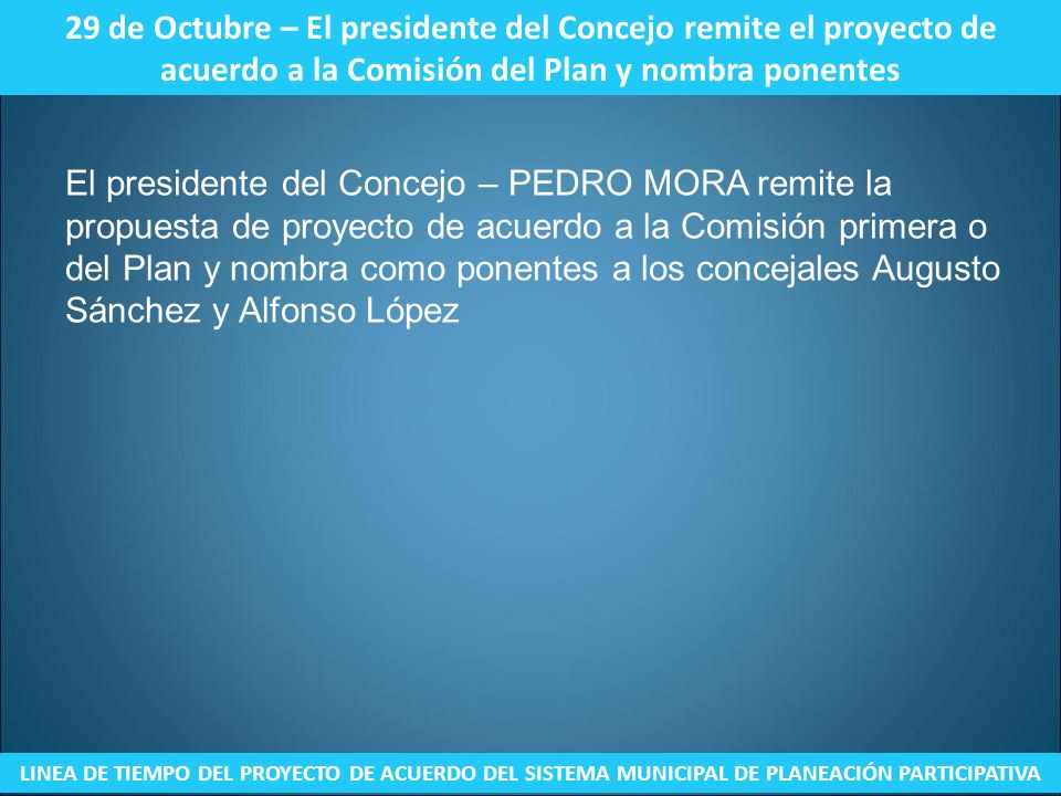 29 de Octubre – El presidente del Concejo remite el proyecto de acuerdo a la Comisión del Plan y nombra ponentes