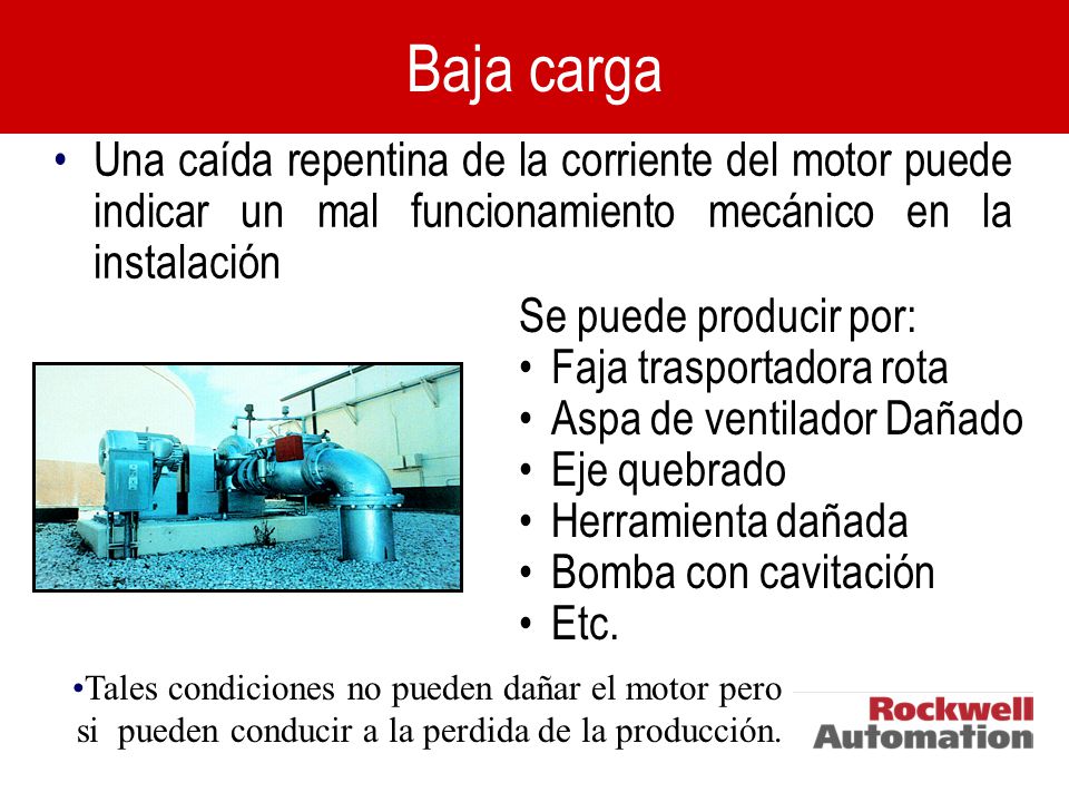 Baja carga Una caída repentina de la corriente del motor puede indicar un mal funcionamiento mecánico en la instalación.