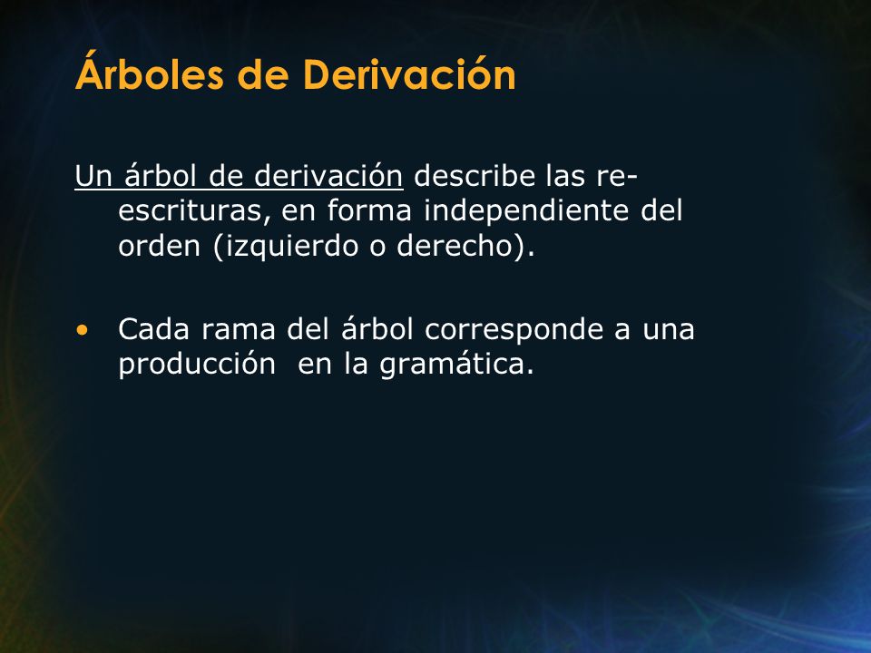 Árboles de Derivación Un árbol de derivación describe las re-escrituras, en forma independiente del orden (izquierdo o derecho).