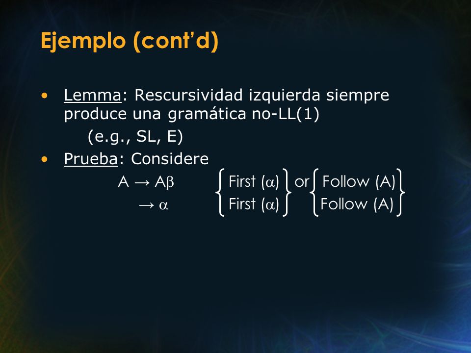 Ejemplo (cont’d) Lemma: Rescursividad izquierda siempre produce una gramática no-LL(1) (e.g., SL, E)