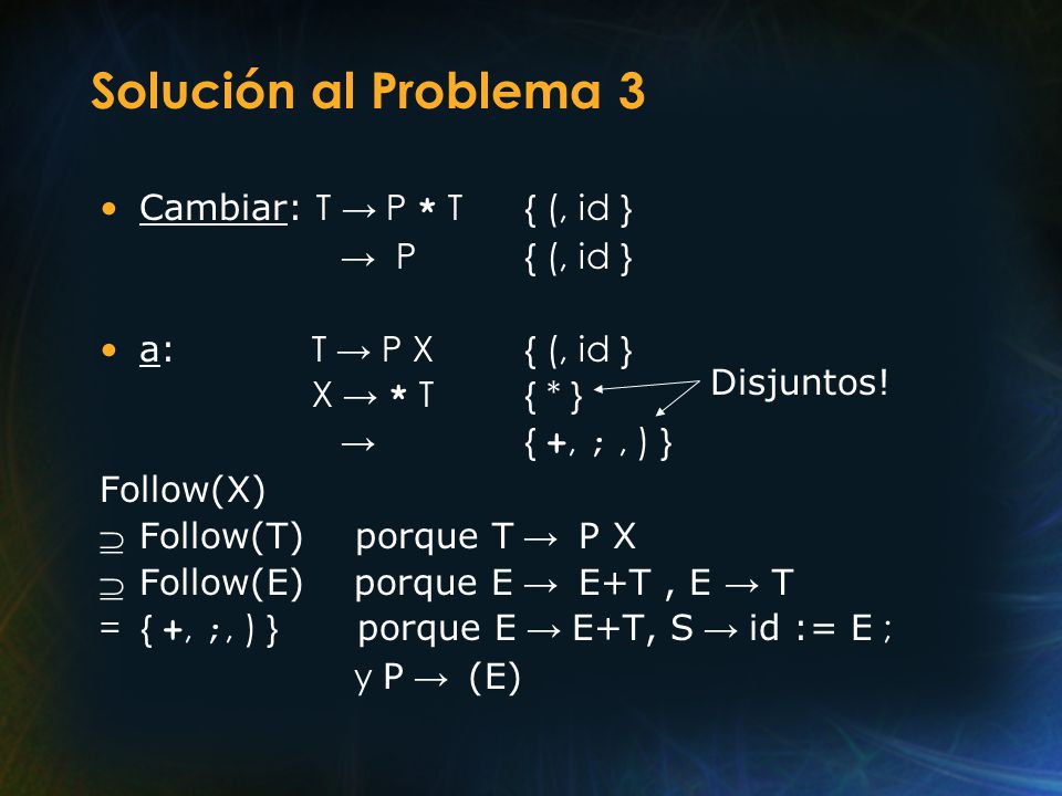 Solución al Problema 3 Cambiar: T → P * T { (, id } → P { (, id }