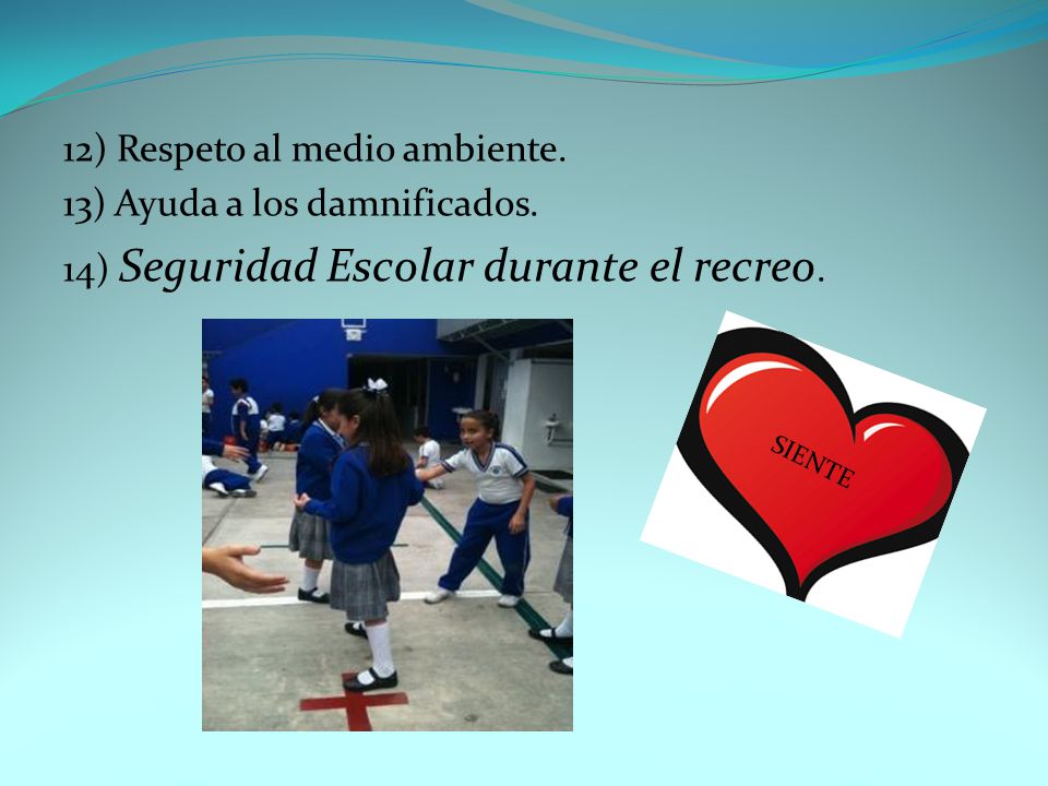 12) Respeto al medio ambiente. 13) Ayuda a los damnificados