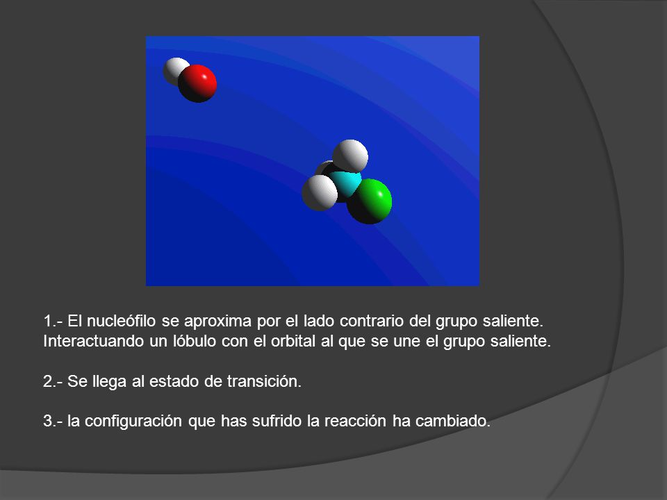 1.- El nucleófilo se aproxima por el lado contrario del grupo saliente. Interactuando un lóbulo con el orbital al que se une el grupo saliente.