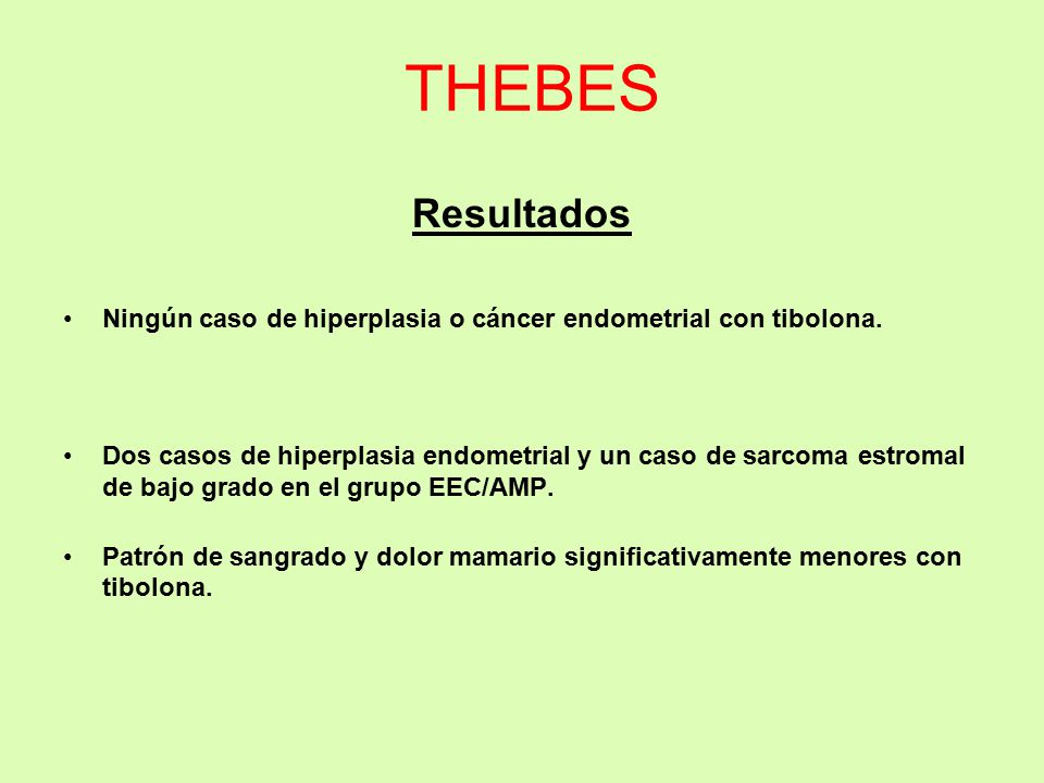 THEBES Resultados. Ningún caso de hiperplasia o cáncer endometrial con tibolona.