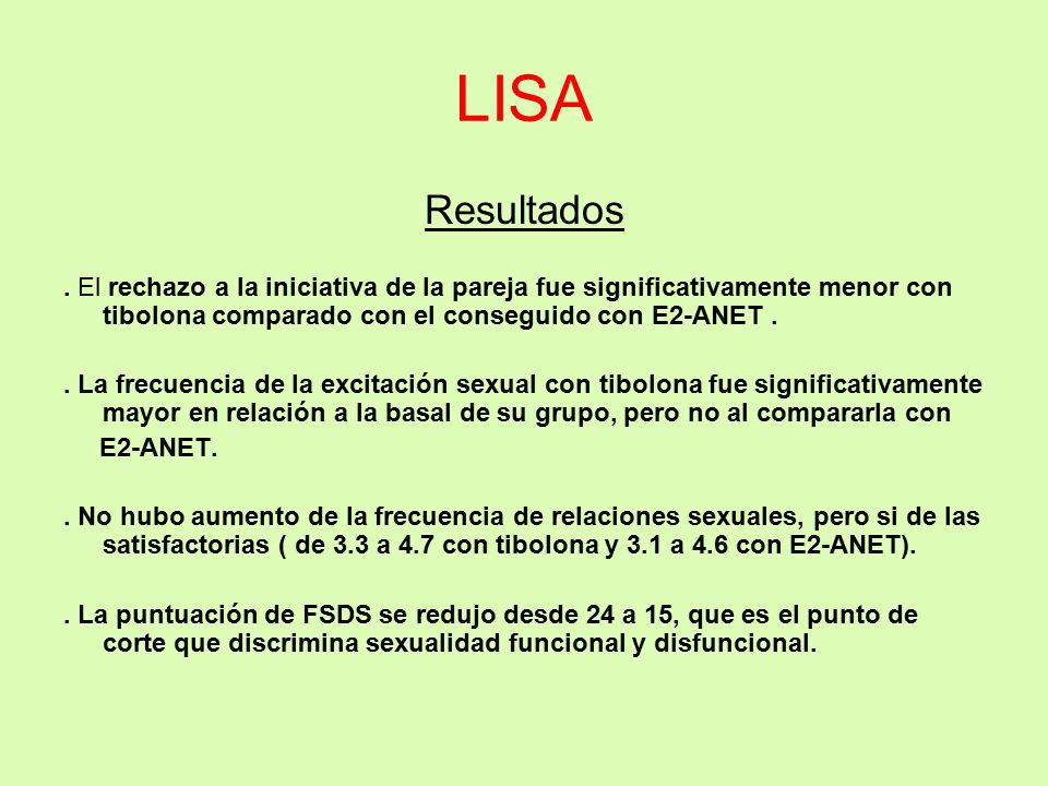 LISA Resultados. . El rechazo a la iniciativa de la pareja fue significativamente menor con tibolona comparado con el conseguido con E2-ANET .