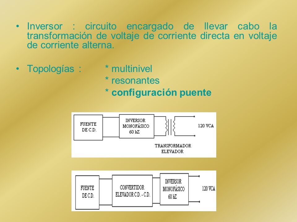 Inversor : circuito encargado de llevar cabo la transformación de voltaje de corriente directa en voltaje de corriente alterna.
