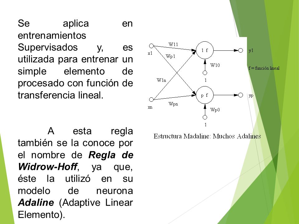 Se aplica en entrenamientos Supervisados y, es utilizada para entrenar un simple elemento de procesado con función de transferencia lineal.