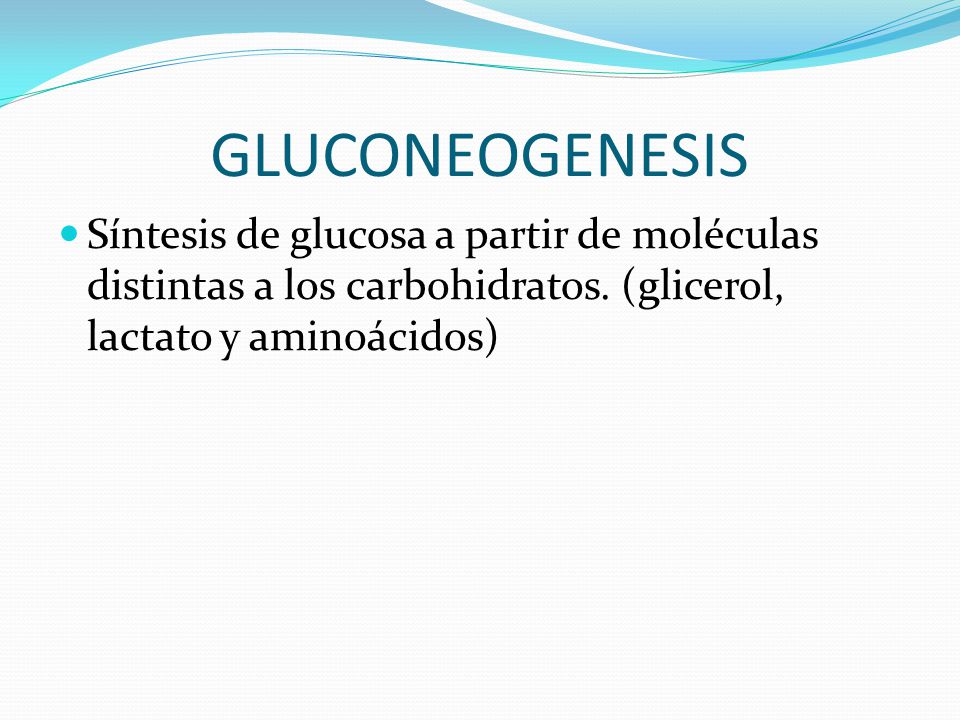 GLUCONEOGENESIS Síntesis de glucosa a partir de moléculas distintas a los carbohidratos.