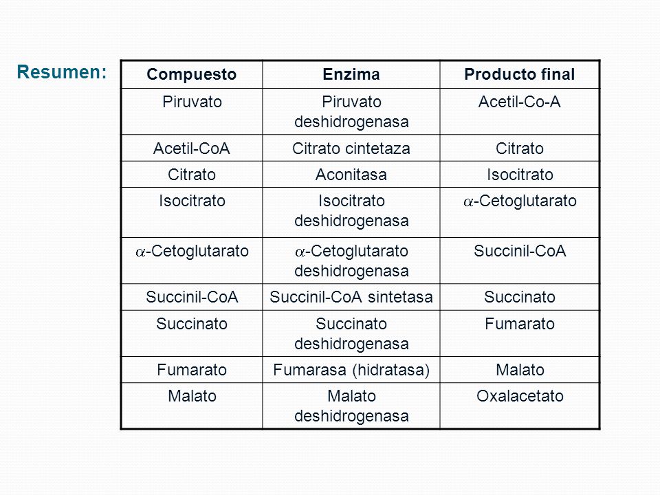 Resumen: Compuesto Enzima Producto final Piruvato