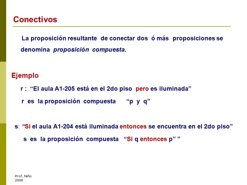 Conectivos La proposición resultante de conectar dos ó más proposiciones se denomina proposición compuesta.