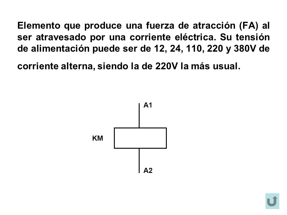 Elemento que produce una fuerza de atracción (FA) al ser atravesado por una corriente eléctrica. Su tensión de alimentación puede ser de 12, 24, 110, 220 y 380V de corriente alterna, siendo la de 220V la más usual.