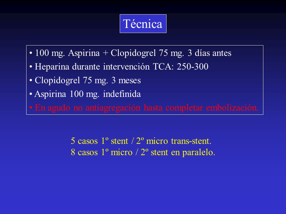 Técnica 100 mg. Aspirina + Clopidogrel 75 mg. 3 días antes