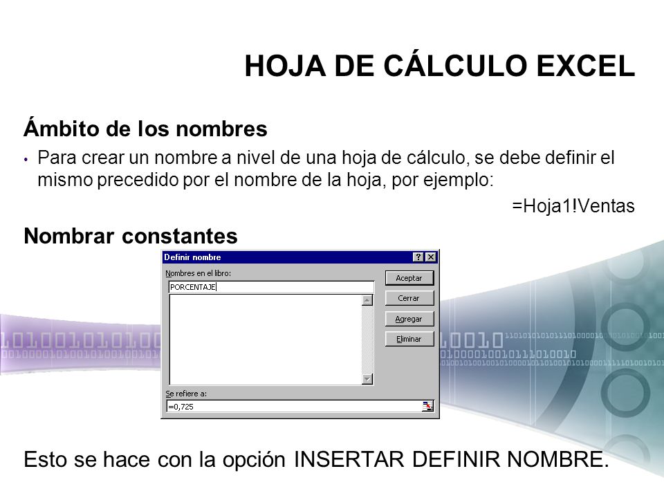 HOJA DE CÁLCULO EXCEL Ámbito de los nombres Nombrar constantes
