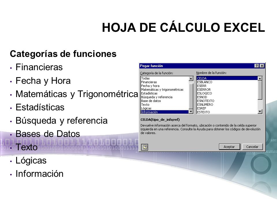 HOJA DE CÁLCULO EXCEL Categorías de funciones Financieras Fecha y Hora