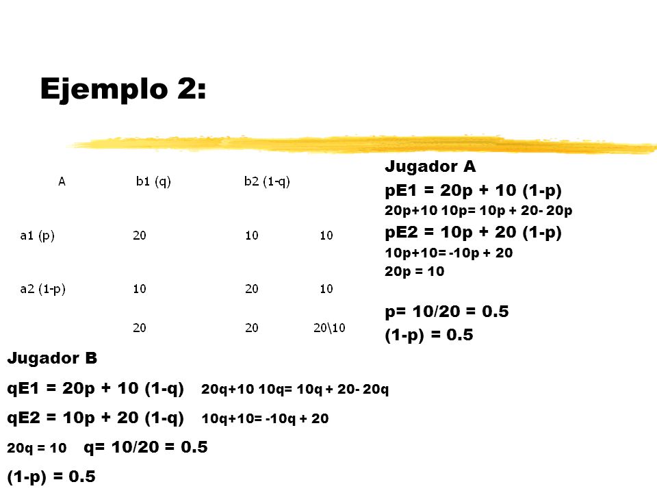 Ejemplo 2: Jugador A pE1 = 20p + 10 (1-p) pE2 = 10p + 20 (1-p)