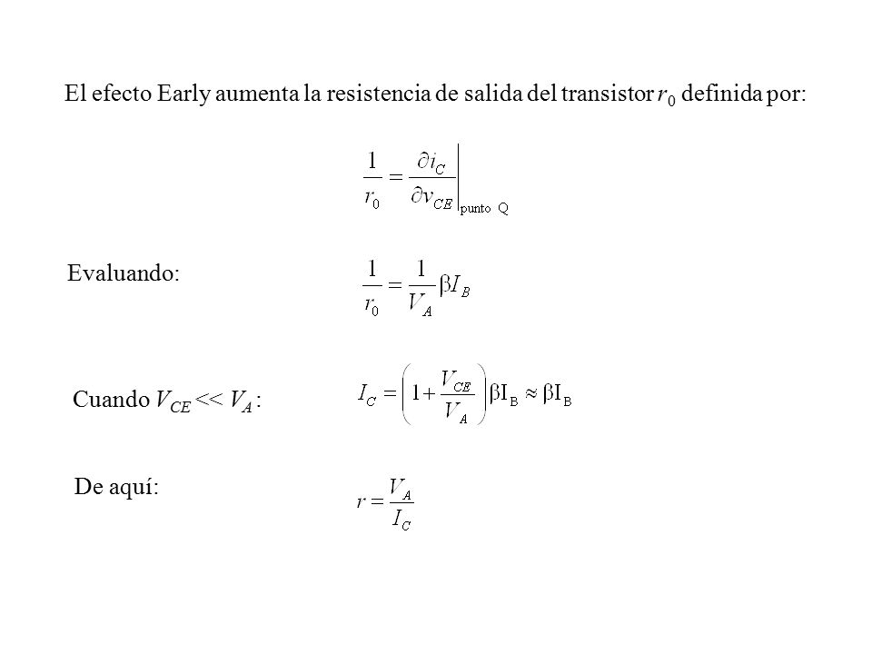 El efecto Early aumenta la resistencia de salida del transistor r0 definida por: