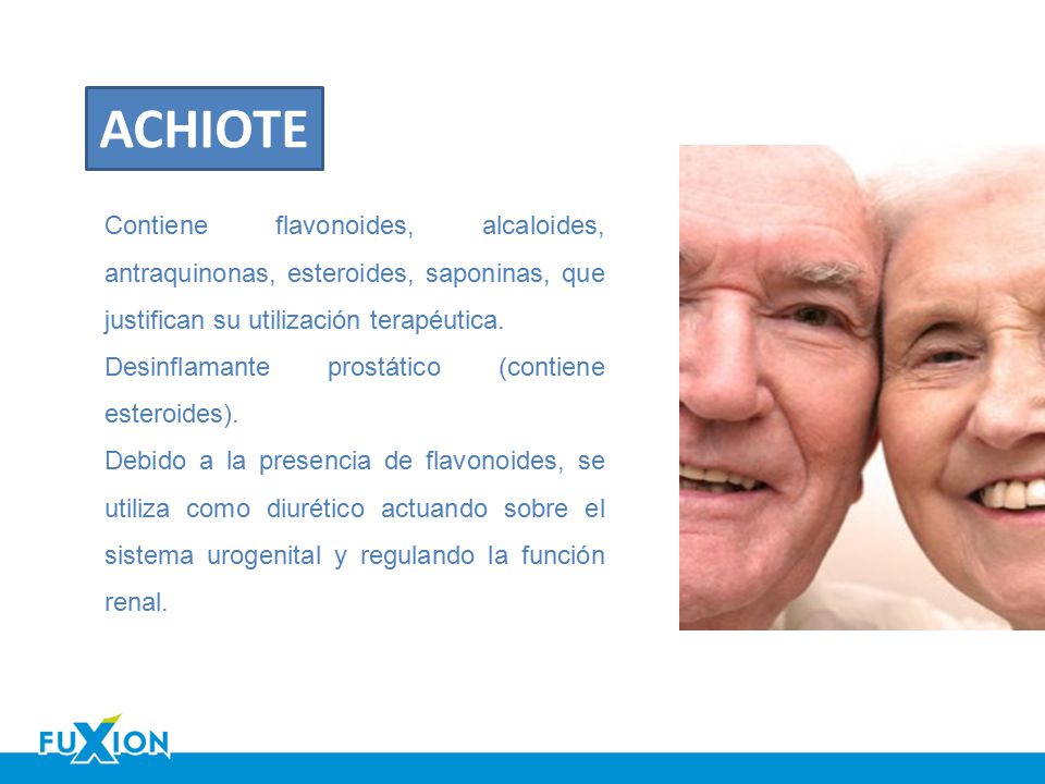 ACHIOTE Contiene flavonoides, alcaloides, antraquinonas, esteroides, saponinas, que justifican su utilización terapéutica.