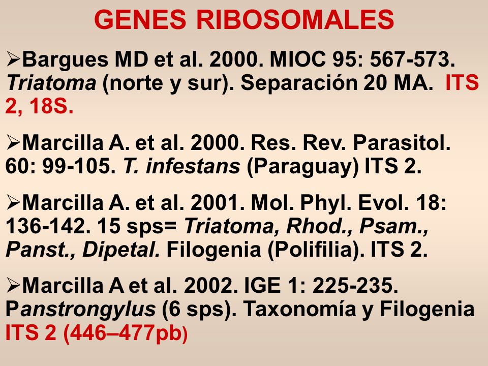GENES RIBOSOMALES Bargues MD et al MIOC 95: Triatoma (norte y sur). Separación 20 MA. ITS 2, 18S.