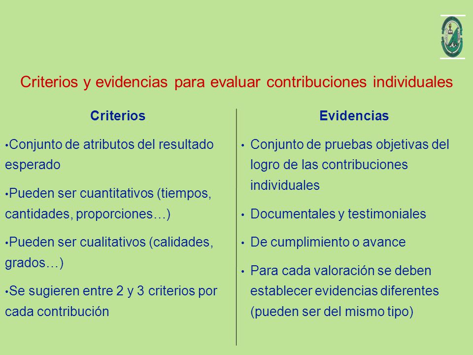 Criterios y evidencias para evaluar contribuciones individuales